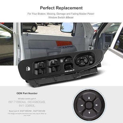 BASIKER Master Power Window Switch and Bezel Driver Side and Window Bezel Passenger Side Replacements for 2002-2010 Dodge Ram 1500 2500 3500, Black