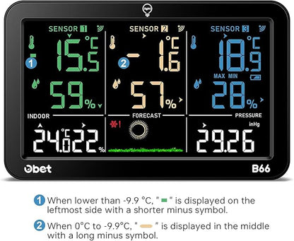 OBET Weather Station Wireless Indoor Outdoor Thermometer Wireless, Color Display Digital Temperature and Humidity Monitor with 3 Sensors, Alerts, Adjustable Backlight, USB Port (500 Feet)
