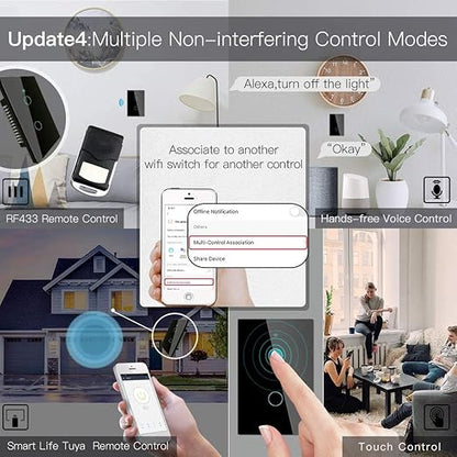 MoesGo WiFi Smart Wall Light Switch,Glass Panel, Multi-Control(3 Way), 2.4GHz Wi-Fi Touch Switches, Neutral Wire Required, Remote Control Smart Life/Tuya App, Work with Alexa, Google Home Black 2 Gang