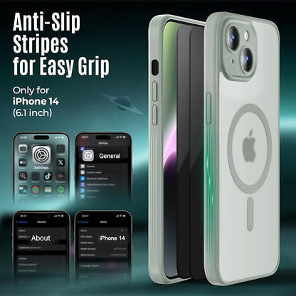 Designed for iPhone 14 Case, Compatible with MagSafe, with Privacy Screen Protectors X2, [Camera Protection] [15FT Military Drop Protection] Shockproof Phone Case, 6.1", Calke Green