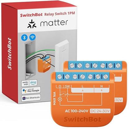 SwitchBot Matte Relay Switch 1PM, WiFi Switch Compatible with Alexa/Apple Home/Google Home, Power-Measuring Relay Switch Module with Integrated Bluetooth Repeater, Bluetooth & WiFi 2.4GHz, 16A