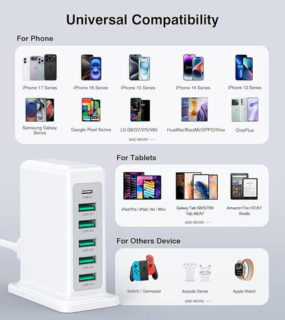 USB Charger Block, 45W 6-Port Charging Station for Multiple Devices, USB A and Type-C Charger Tower Fast Charging Dock Hub Power Strip for iPhone iPad Tablets Android Smartphones, Home Office Use