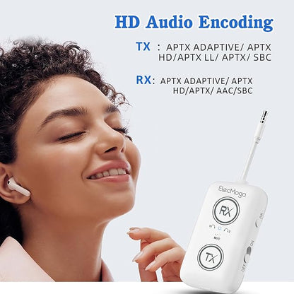 2026 Upgraded Airplane Bluetooth 5.4 Adapter with aptX Adaptive, ElecMoga Airplane Travel Essentials Supports 2 AirPods or Headphones, 2-in-1 AUX Wireless Transmitter Receiver for Gym, TV, Car, White
