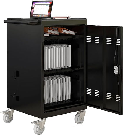 OFLILAK 30-Device Mobile Charging Cart with Charging Power Strip and Front and Rear Access Locks, Cable Management, Up to 17"", Safe Charging Cabinet for Ipads, Chromebooks, Tablets, Laptops Black