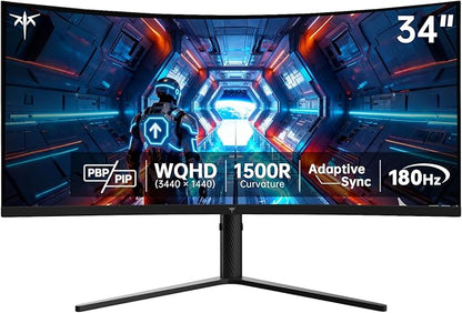 KTC 34 Inch UWQHD Curved Gaming Monitor, 3440x1440 Ultrawide PC Monitor 1500R, 180Hz 21:9 Display, Adaptive Sync, 1ms MPRT, 4000:1 Contrast, Tilt/Swivel/Pivot/Height Adjustment, HDMI2.0 & DP1.4,H34S5