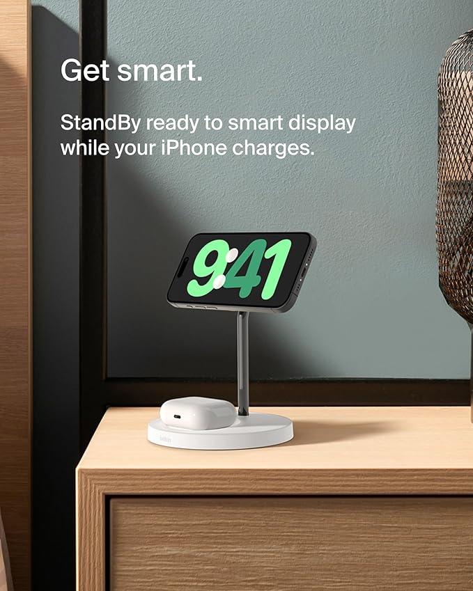 Belkin MagSafe 2-in-1 Wireless Charging Stand for Apple iPhone 13, 14, 15, 16, & AirPods - Fast Charging Station for Multiple Devices - White