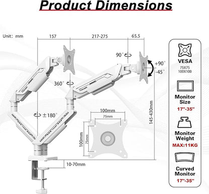 Fydeamer Dual Monitor Arm for 17-35" Screens up to 24.2 lbs, Ergonomic Gas Spring Monitor Stand with Height Adjust, Tilt, Swivel & Cable Management, VESA Desk Mount with 2 Types of Installation, White