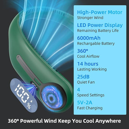 Kinhowly Portable Neck Fan,Hands Free Personal Wearable Bladeless Fan,6000mAh USB Rechargeable,360° Cooling,LED Display,4-Speeds,Birthday Gifts for Men Women Dad Mom,Valentines Day Gifts (Dark green)