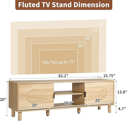 Bifins 63inch Wood TV Stand for Televisions up to 70 Inches,Mid Century Modern Entertainment Center TV Console Table with Storage and Shelf for Living Room Bedroom (Natural Oak)