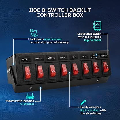 Ultra Bright Lightz 1100 8-Switch Backlit Controller Box | Emergency Vehicle Strobe Warning Lights | Siren | Speaker