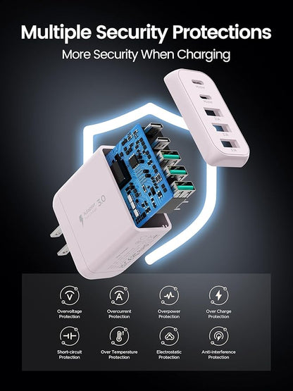 2-Pack Type C Fast Charging, 50W 5-Port USB Wall Charger Cube for iPhone 16 15 14 13 12 11 Pro Max XS, iPad, Samsung & More - Pink