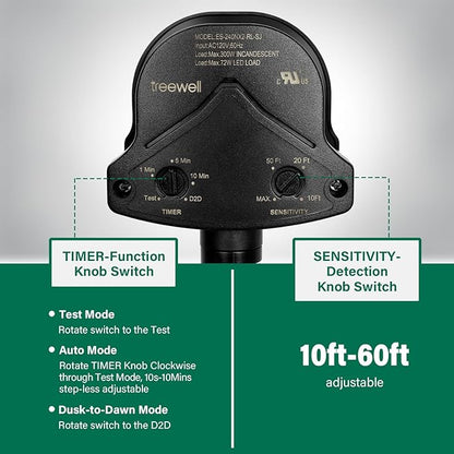 TREEWELL 240-Degree Replacement Motion Detector, Adjustable Time & Detection Sensitivity Up to 60 Feet Range, 3 Working Modes Pir Motion Sensor for Security Floodlight, Black, UL Listed
