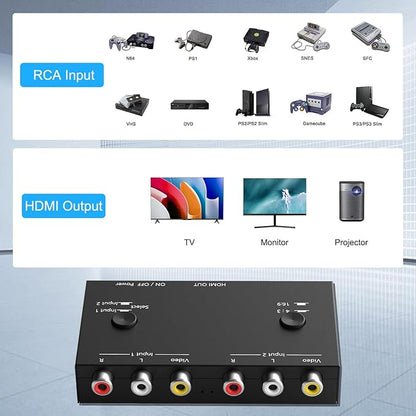 Dingsun 2 Port AV to HDMI Converter, RCA to HDMI Adapter Support 16:9/4:3 Compatible with WII, N64, PS2, VHS, VCR DVD Players etc