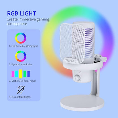 FEELWORLD VM1 White Gaming PC USB Microphone Condenser Mic with Noise Cancellation Mute RGB Light, Computer Accessories Gifts for Gamer YouTube Twitch Podcast Streaming Recording Online Chat PS4 PS5