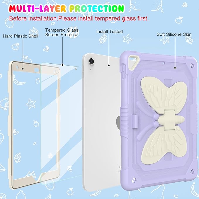 BLOSOMEET Lavender Purple Case for iPad 10.2 Inch with Tempered Glass Screen Protector,iPad 9th/8th/7th Gen Cover with Stand Pencil Holder & Shoulder Strap for Women