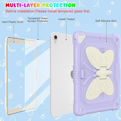 BLOSOMEET Lavender Purple Case for iPad 10.2 Inch with Tempered Glass Screen Protector,iPad 9th/8th/7th Gen Cover with Stand Pencil Holder & Shoulder Strap for Women