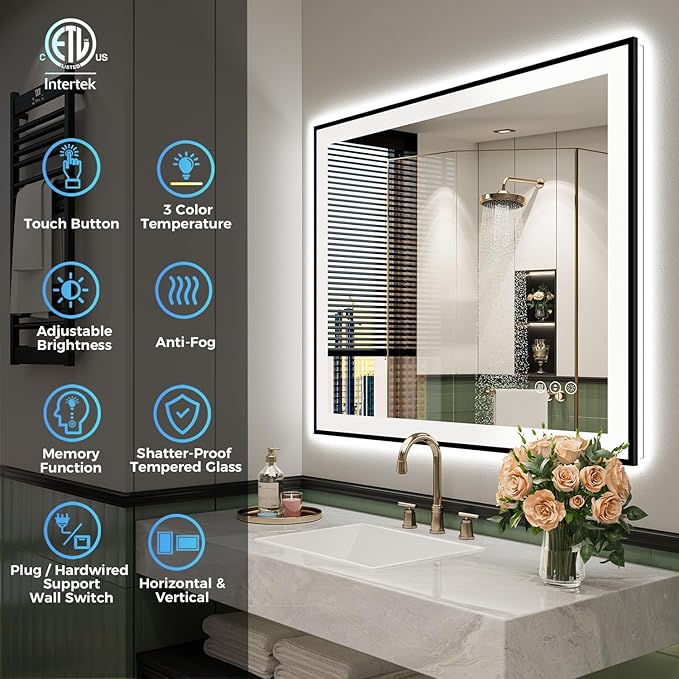 YEELAIT 28x32 Inch LED Bathroom Mirror with Lights (Front Lit and Backlit) Black Framed Lighted Vanity Mirror for Bathroom Wall Dimmable Anti-Fog Memory Tempered Glass Horizontal/Vertical
