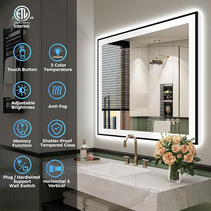 YEELAIT 28x32 Inch LED Bathroom Mirror with Lights (Front Lit and Backlit) Black Framed Lighted Vanity Mirror for Bathroom Wall Dimmable Anti-Fog Memory Tempered Glass Horizontal/Vertical