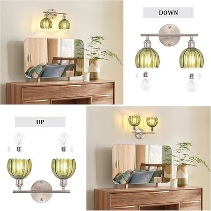 Shenmoyl Bathroom Light Fixtures, 2-Light Vanity Wall Light Over Mirror with Green Tulip Glass Shade for Bedroom Living Room (Bulb Not Included), Satin Nickel