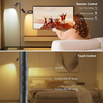 SIBRILLE Spotlight Floor Lamp, Tall LED Standing Lamp with Remote/Touch Control, 2700K-6500K, 350°Rotating Head Standing Lamp, Reading Floor Lamp for Living Room, Bedroom, Office & Wall Art, Dual Head