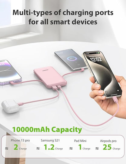Alongza Portable Charger Built-in Cables and AC Wall Plug, Slim Fast Charging Power Bank 10000mAh, Lightweight USB C External Battery Pack Compact Travel Cell Phone Charger