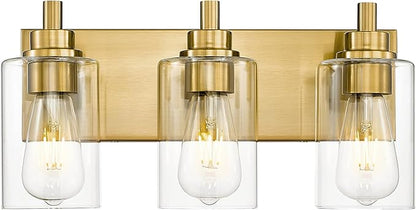 METWET 3-Light Bathroom Light Fixtures, Brushed Gold Vanity Light with Cylinder Clear Glass Shade, Modern Vanity Lighting Fixtures Over Mirror, VL143-BG-3