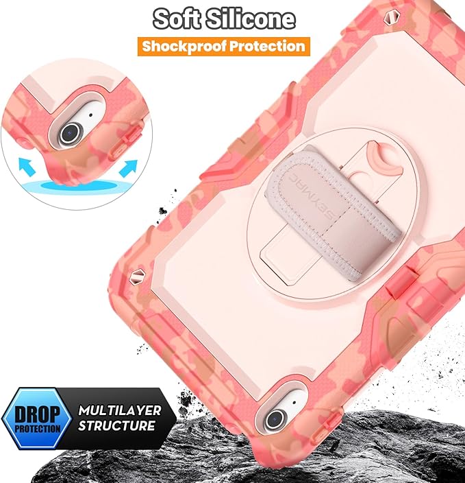SEYMAC for iPad (A16) 11th/10th Generation 2025/2022 (11″/10.9″), Heavy Duty Full-Body Shockproof Protective Case with Screen Protector, Rotating Stand, Hand/Shoulder Strap, Multicolor/Pink