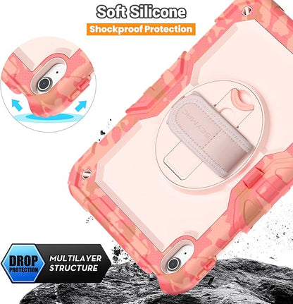 SEYMAC for iPad (A16) 11th/10th Generation 2025/2022 (11″/10.9″), Heavy Duty Full-Body Shockproof Protective Case with Screen Protector, Rotating Stand, Hand/Shoulder Strap, Multicolor/Pink