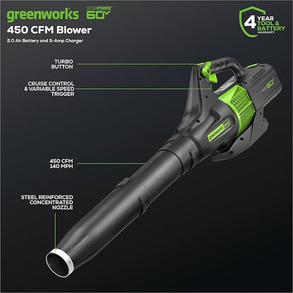Greenworks 60V 450 CFM Cordless Leaf Blower, 2.0 Ah Battery and Rapid Charger