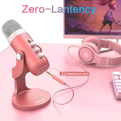 ZealSound USB Microphone,Condenser Computer Mic,Plug&Play Gaming Microphones for PS 4&5.Headphone Output&Volume Control,Mic Gain Control,Mute Button,YouTube Podcast on Mac&Windows Pearlescent Pink