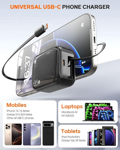 Retractable Wall Charger, 35W Fast USB C Charger Block with Extendable Type C Charing Cable for iPhone 16 15 Galaxy S25 24, Portable Retractable Charging Plug for Home Kitchen Office Travel