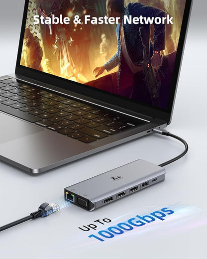 Laptop Docking Station 4 Monitors, Dual HDMI+8K DP+VGA, 10Gbps, 100W PD, 6 USB C/A Ports, Ethernet, SD/TF, LIONWEI 13 in 1 USB C Hub for MacBook/Dell/HP/Surface