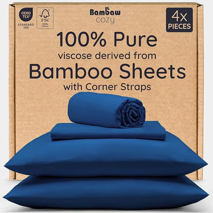 Bambaw 100% Viscose Derived from Bamboo Sheets Deep Pockets Queen Size Set – 4pcs Soft Bedding, Fits Up to 16'' with Elastic Corner Straps, Queen Size Cooling Sheets (Navy Blue)