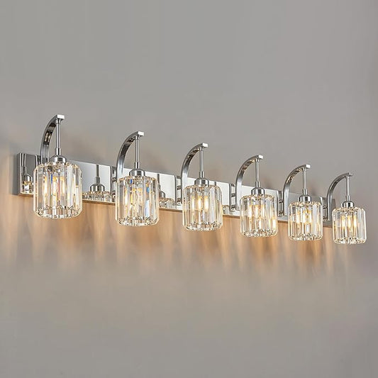 FDPBY 6-Light Crystal Vanity Light, Chrome Modern Wall Sconce with K9 Crystal Shades, 51.18" Long Over Mirror Lighting for Bathroom, Makeup, Hallway, Elegant & Easy Install