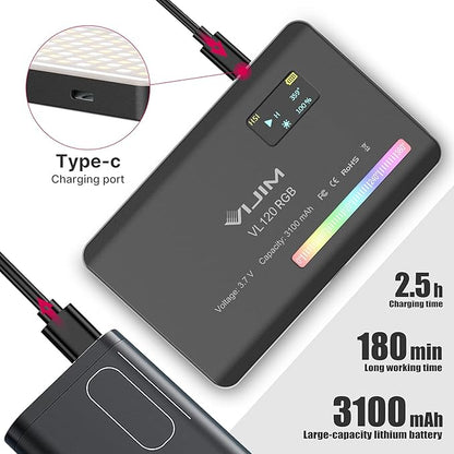 VIJIM VL120 RGB Video Light, Portable LED Camera Light Panel 0-360 Full Color, CRI 95+ 2500-9000K LED 3100mAh Rechargeable DSLR Lighting for Vlogging, Photography, Video Conference
