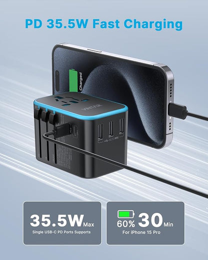 Universal Travel Adapter, VINTAR 35.5W International Power Adapter with 3 USB A QC and 2 USB C PD, All in One Plug Adapter Worldwide Travel Essentials for EU/UK/USA/AUS(Type C/G/A/I), Blue