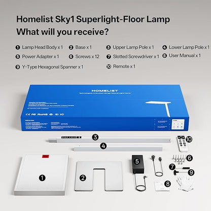 Homelist SKY1 Superlight 150W Full Spectrum Eye Protection Floor Lamp, 13000LM Ultra-Bright Standing Lamp with Motion Sensor, Auto Dimming, Touch & Remote Control, 4000K, for Homeoffice, Study Room