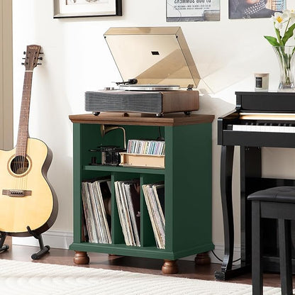 Joaxswe Record Player Stand with Charging Station Up to 200 Albums, 24" Wide Mid-Century Record Player Table with Vinyl Record Storage,Large Wood Turntable Stand Dispaly Cabinet for Living Room,Green
