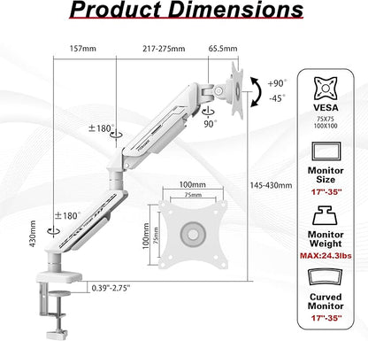 Fydeamer Monitor Arm for 17-35" Screens up to 24.2 lbs, Ergonomic Gas Spring Monitor Stand with Height Adjust, Tilt, Swivel & Cable Management, VESA Desk Mount with 2 Types of Installation, White