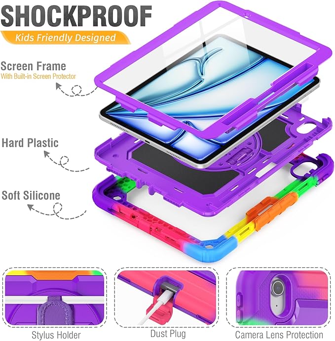 HXCASEAC Case for iPad Air 11 inch (2025 M3 / 2024 M2), Shockproof Design with Pencil Holder/Screen Protector/Rotating Hand Strap, Protective Cover for iPad Air 7th/6th Generation - Purple