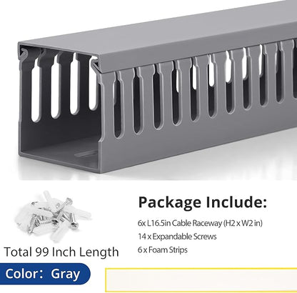 ZhiYo 2 x 2in Professional Server Rack Cable Management Raceway, 99in(6X L16.5in) Cable Raceway Kit, Electrically Safe PVC Open Slot Wire Raceway for Under Desk/Computer/Network Cords, Grey
