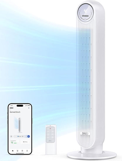 Dreo Tower Fan for Bedroom, 25ft/s Smart Standing Fans, 90° Oscillating Floor Fan with 4 Modes, 4 Speeds, 8H Timer, 28dB, Bladeless, Remote, 28 dB, Works with WiFi Voice Control