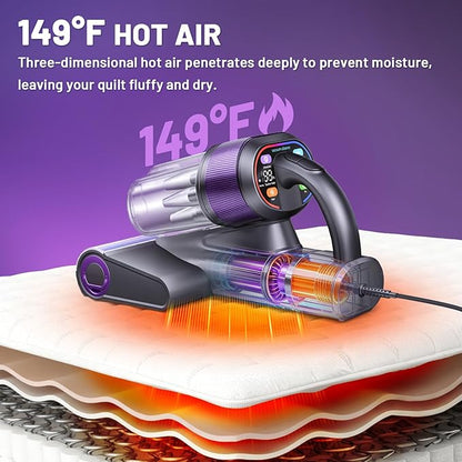 LED Display Mattress Vacuum Cleaner, 18Kpa Bed Vacuum Cleaner with 253.7nm UV-C Light, HEPA Filter & Ultrasoni, 149℉ Heat, Triple-Cup Versatile Handheld Vacuums for Bed Sofa Carpets Pet Hair Fine Dust