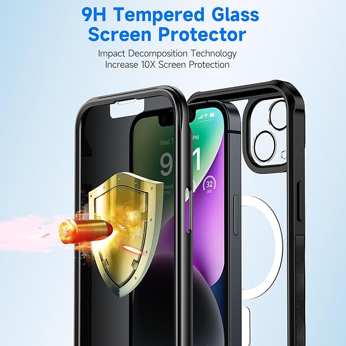 seacosmo for iPhone 14 Plus Case, Full Body Bumper with Built-in 9H Tempered Glass Privacy Screen Protector and Camera Lens Protector, Compatible with MagSafe, Shockproof Phone Cover, 6.7", Black