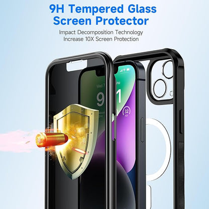 seacosmo for iPhone 14 Plus Case, Full Body Bumper with Built-in 9H Tempered Glass Privacy Screen Protector and Camera Lens Protector, Compatible with MagSafe, Shockproof Phone Cover, 6.7", Black