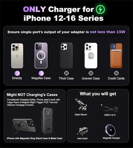 for MagSafe Car Mount Charger Dash Vent Windshield Wireless Car Charger with LED Light, Strong Magnetic Phone Holder for Car for iPhone 16 15 14 13 12 Series, Fit MagSafe Accessories (Purple)