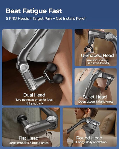 KingPavonini Foldable Massage Gun with Dual-Ball Head, Adjustable Head & Extendable Handle, Handheld Back Massage Gun Deep Tissue for Pain Relief, Portable Percussion Massager Gun, Gift for Men Women