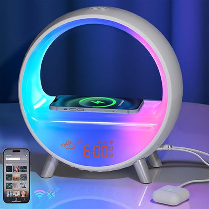 MOMILLA Smart Sunrise Alarm Clock with Wireless Charging, Wake up Light w/Bluetooth Speaker, Compatible with Airpods/iPhone, APP Control White Noise Sound Machine, Alarm Clocks for Bedrooms Adults