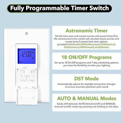 BN-LINK 7 Day Programmable Astronomical Timer Switch for Lights, Sunrise Sunset Programmable Light Switch Timer Indoor in Wall, Neutral Wire Required, Single Pole Only, ETL Listed