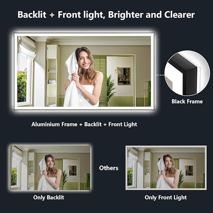 YEELAIT 66x36 Inch LED Bathroom Mirror with Lights (Front Lit and Backlit) Black Framed Lighted Vanity Mirror for Bathroom Wall Dimmable Anti-Fog Memory Tempered Glass Horizontal/Vertical